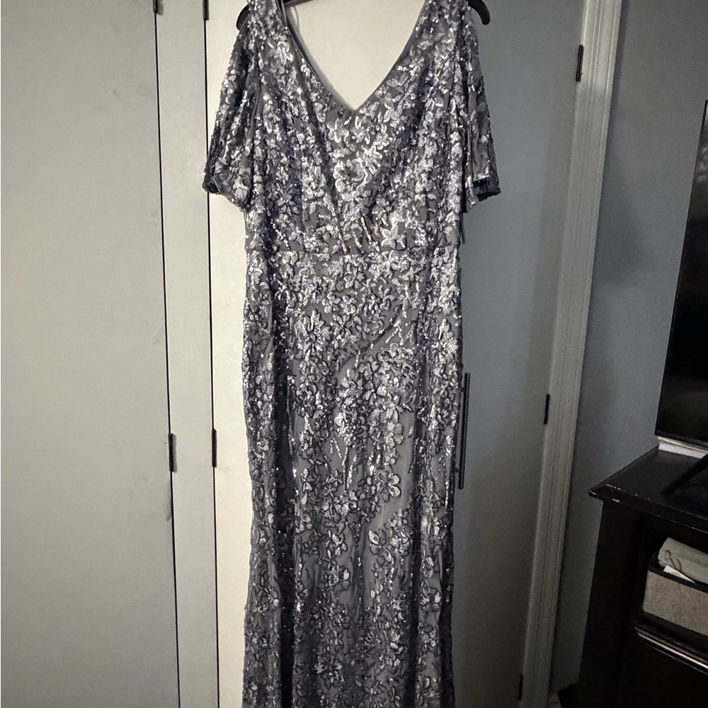 Alex Evenings Silver Lace Maxi Dress